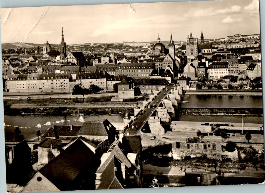 würzburg, mainbrücke u. innenstadt, 1961, karte links durchgerissen