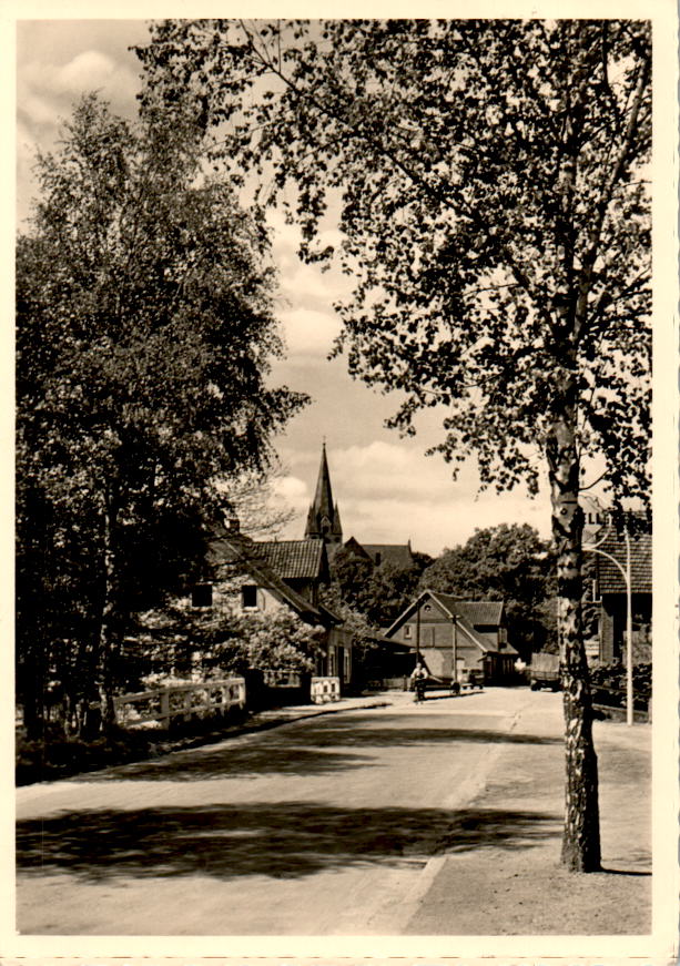 hanstedt, dorfstraße mit blick auf die kirche, 1959