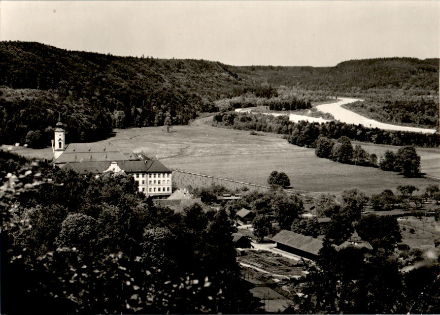 blick auf kloster schäftlarn, isar, 1967