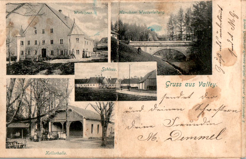 gruss aus valley, münchner wasserleitung, wirtshaus, 1904, karte hat mittelknick