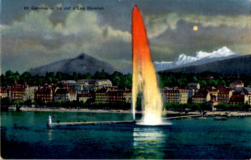 geneve, le jet d'eau illumine