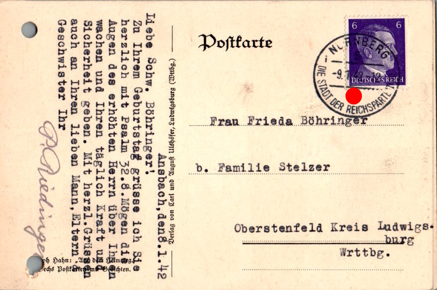 stempel nürnberg, stadt der reichsparteitage, 1942, karte gelocht