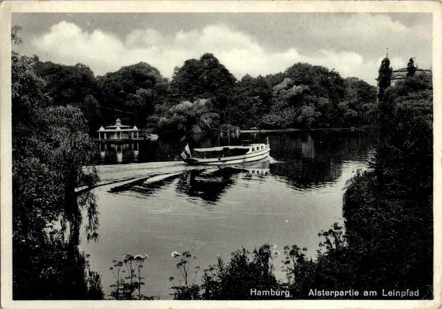 hamburg, alsterpartie am leinpfad, briefmarke kolonialgedenkjahr 1934