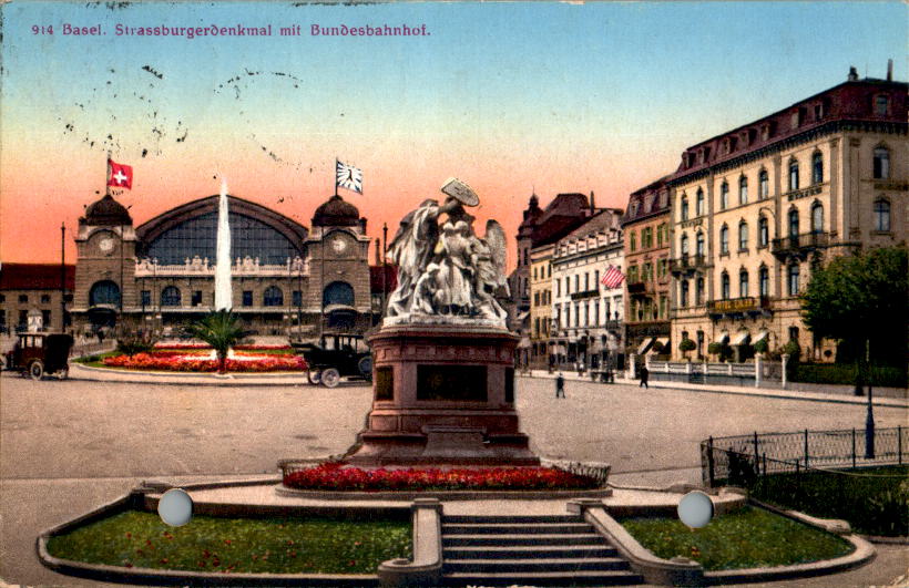 basel, strassburgerdenkmal mit bundesbahnhof, 1929, karte gelocht