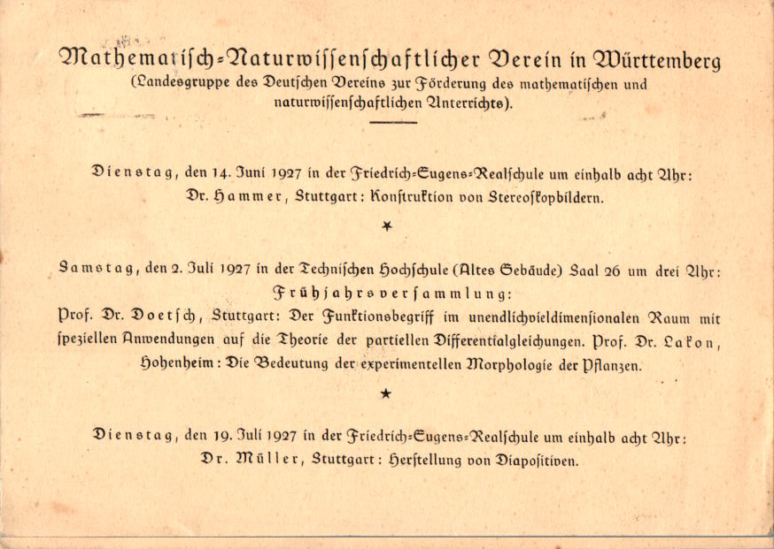 stuttgart, mathematisch-naturwissenschaftlicher verein in württemberg, 1927