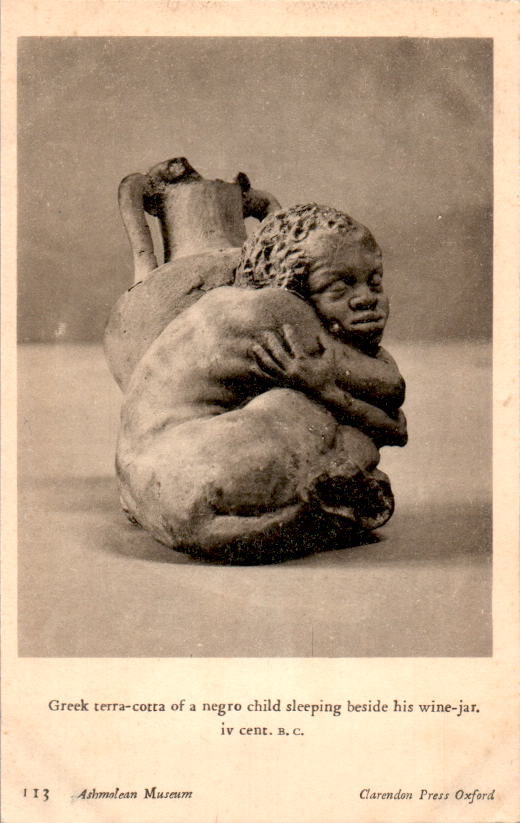 ashmolean museum, greek terra-cotta of a negro child beside his wine-jar