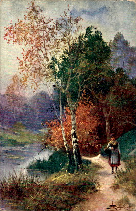 künstlerkarte mädchen am fluss, wien, 1917