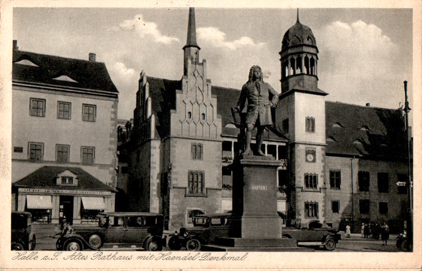 halle, altes rathaus mit haendel-denkmal