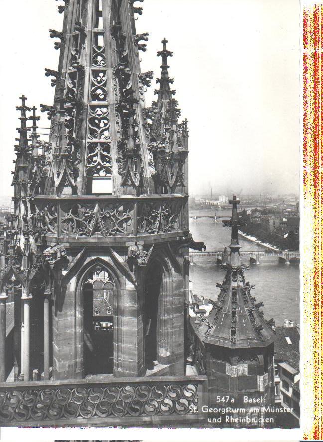 basel, st. georg turm am münster u. rheinbrücken