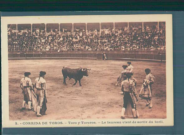 corrida de toros, toro y toreros, le taureau vient de sortir du toril