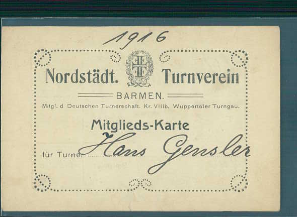 nordstädtischer turnverein, barmen, mitglieds-karte, wuppertaler turngau, 1916