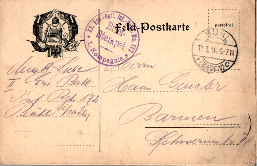 feldpost bühl 1916 n. barmen 1. kompagnie