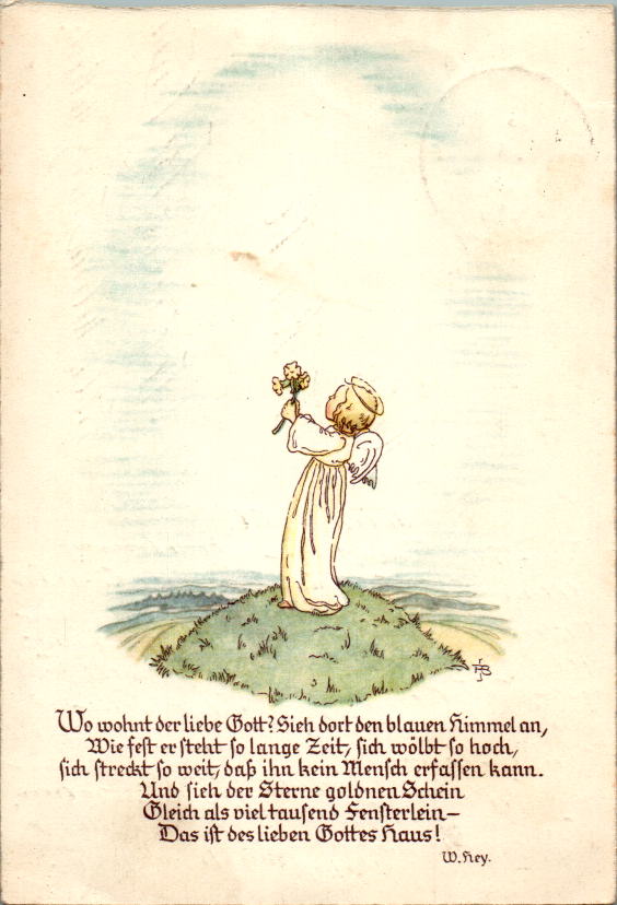 w. hey, künstlerkarte, "wo wohnt der liebe gott?", gel. hagen 1936