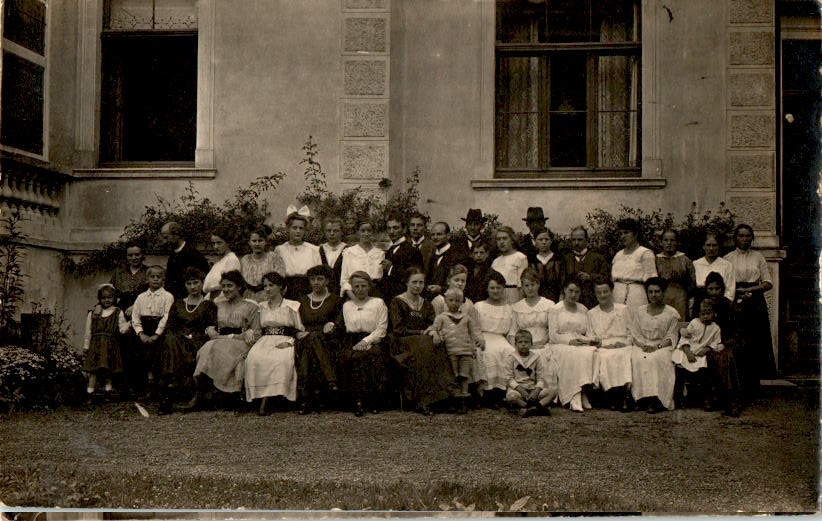 alte foto ak, gruppe viele menschen, damen, herren u. kinder