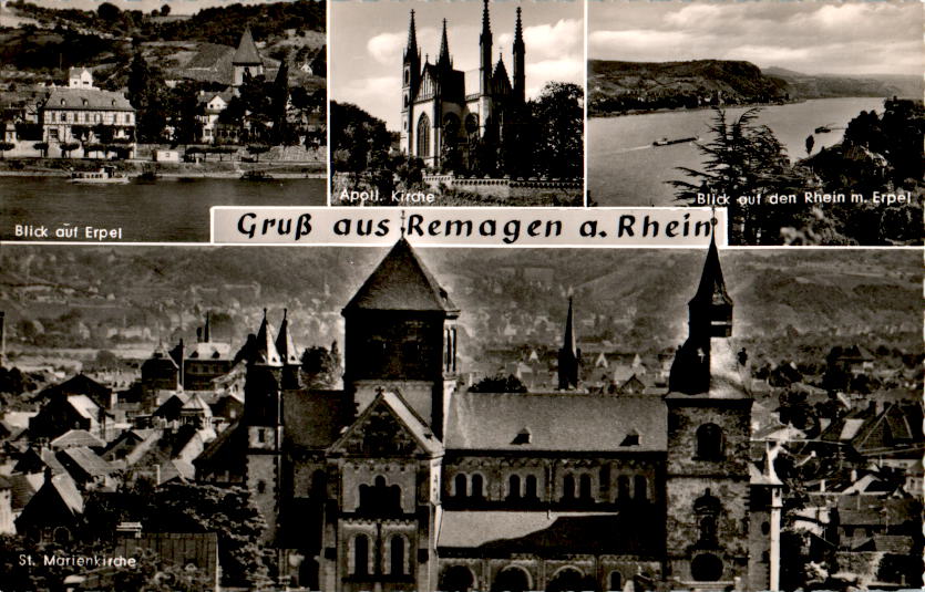 gruß aus remagen am rhein, blick auf erpel, st. marienkirche